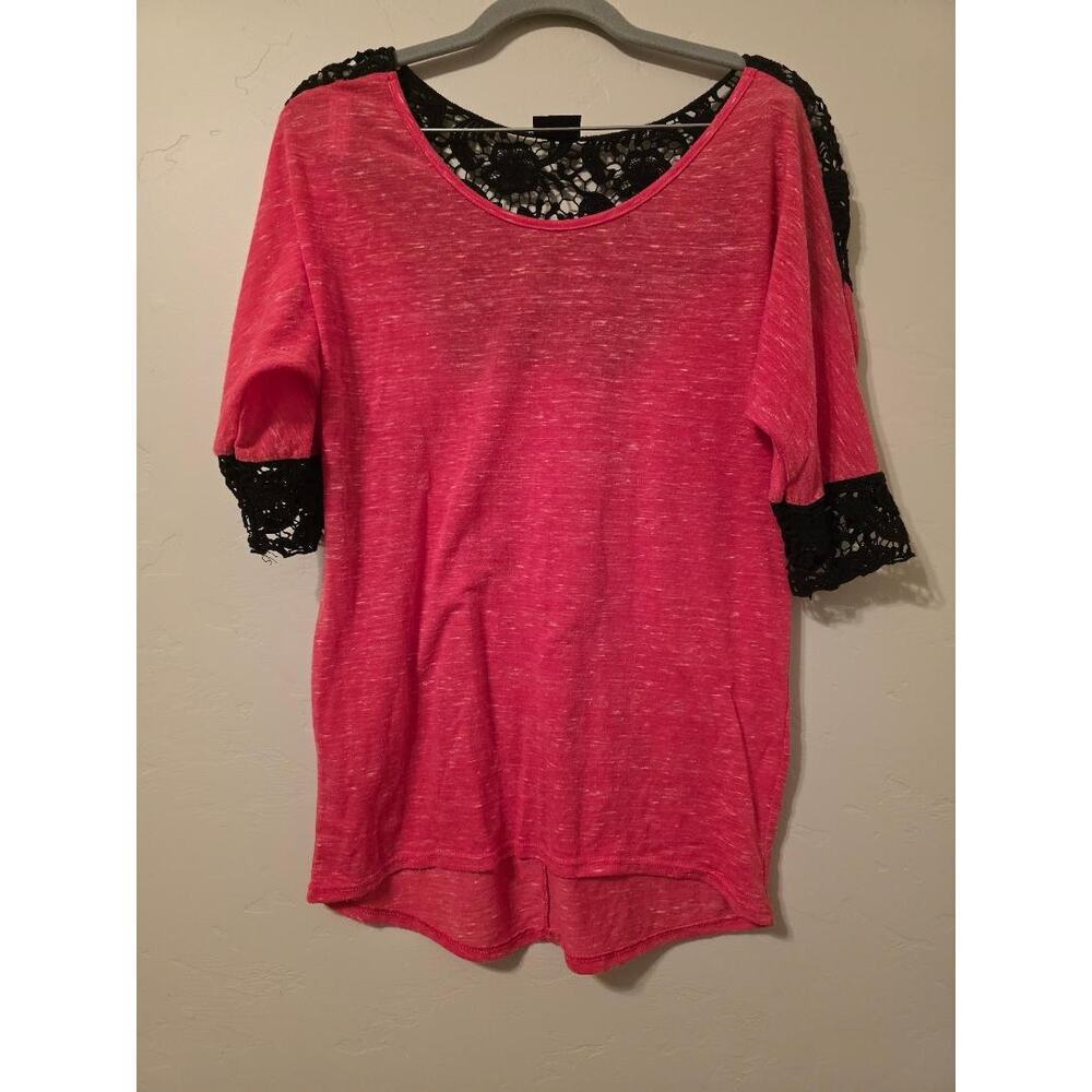 Y2K Pink Lace Trim Top Sheer Black Crochet Detail Boho Grunge Tee